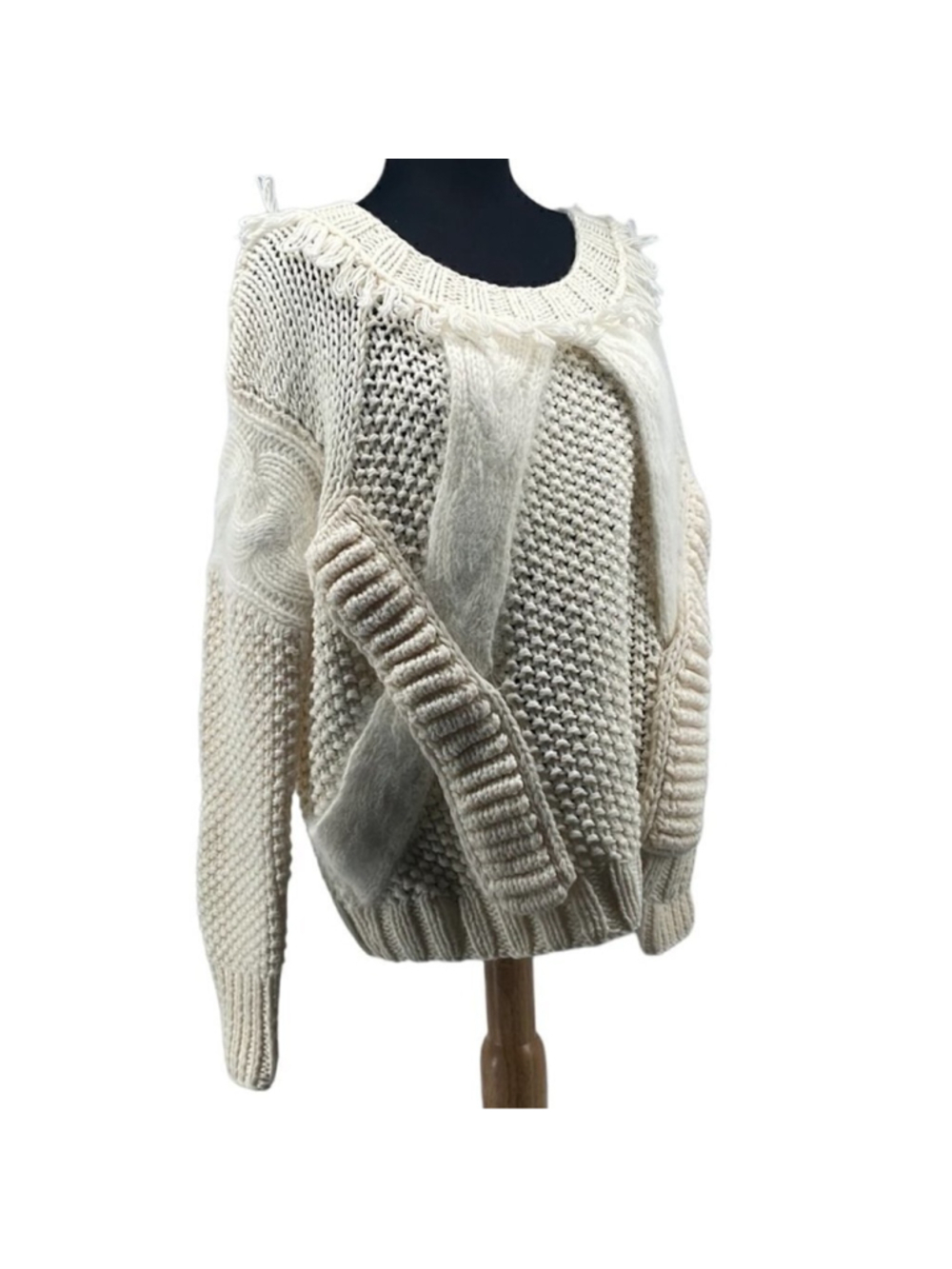Nine West cream wool blend chunky knit sweater boho fringe sweater sz lg